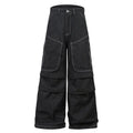 Black pleated work trousers with multiple pockets in cotton denim fabric