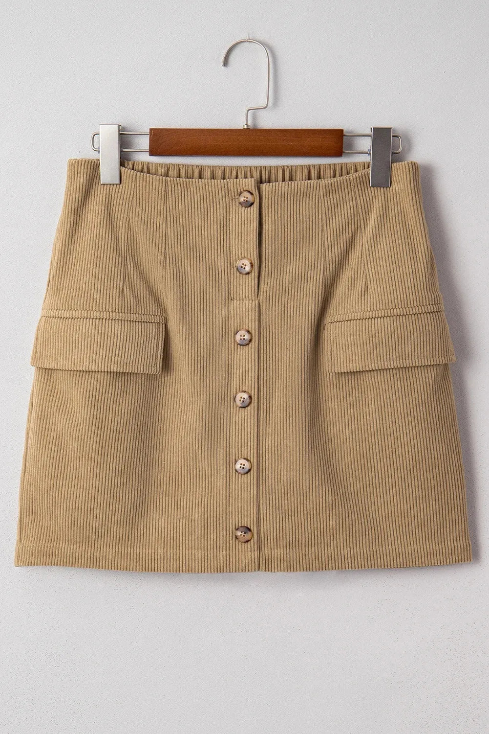 Women's corduroy hip skirt in coffee colour with sewn button detail, short street style skirt, sizes S to XL