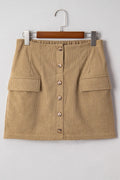 Women's corduroy hip skirt in coffee colour with sewn button detail, short street style skirt, sizes S to XL