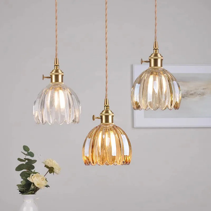 Nordic vintage style glass flower chandelier for bedside in amber, white, green, grey, or transparent.