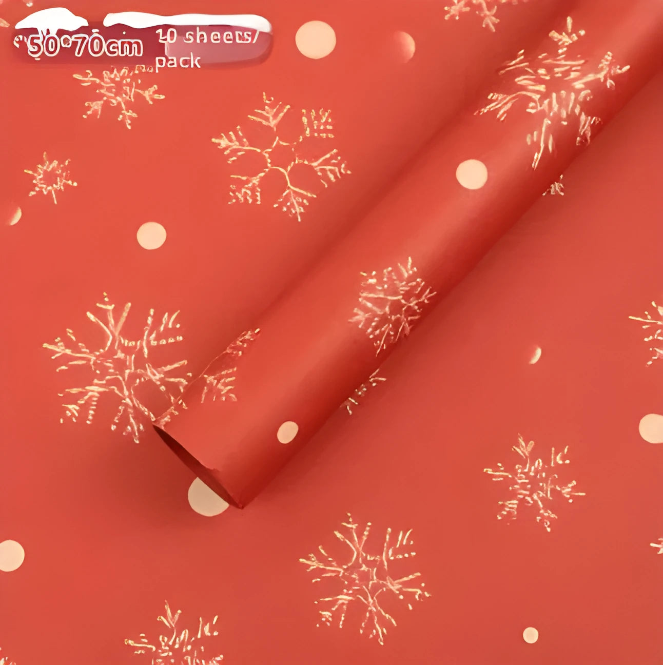 Christmas Kraft paper gift wrap sheets with red and green ink printed cartoon designs including polka dots, snowflakes, and Christmas trees