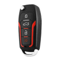 Red and black one-way car alarm remote control unit with two key fobs.