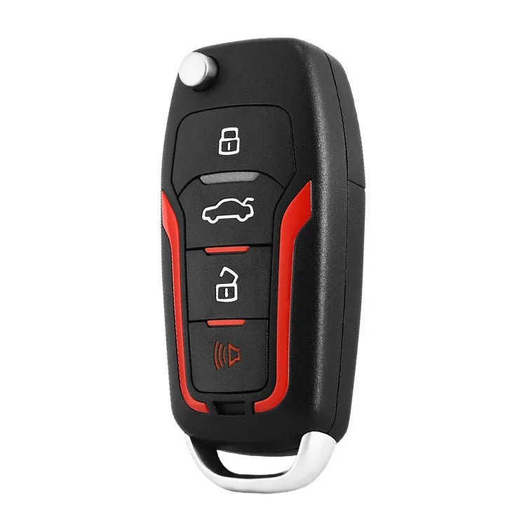 Red and black one-way car alarm remote control unit with two key fobs.