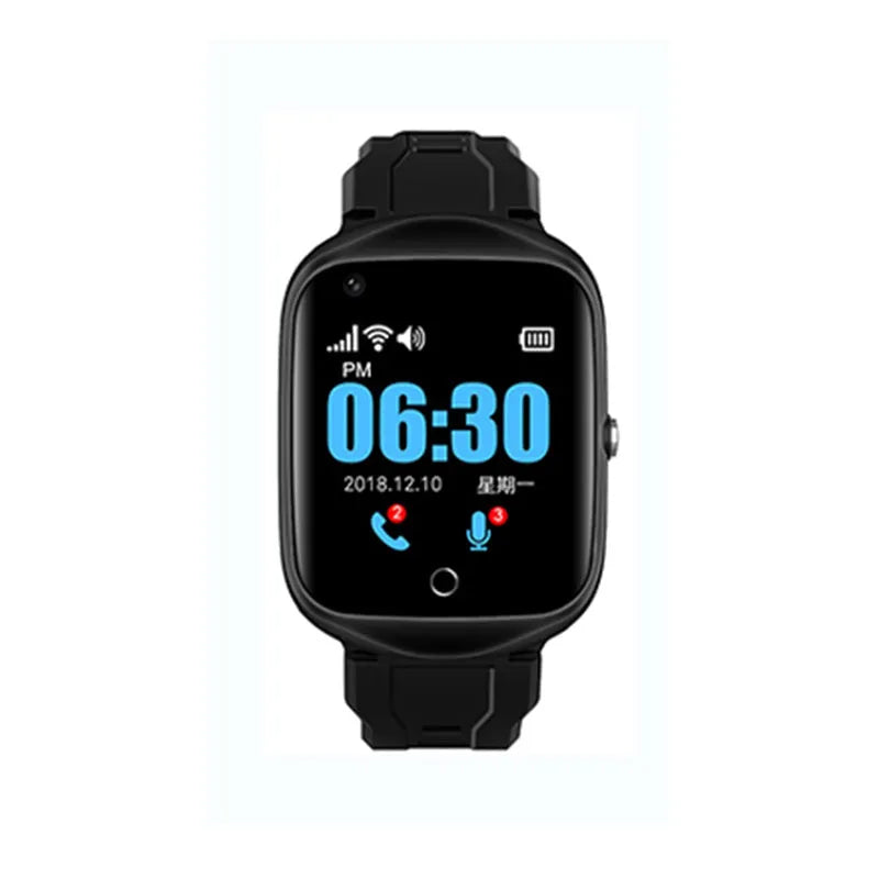 Black elderly smartwatch with square 1.3-inch screen and silicone strap, showing phone and SOS functions.