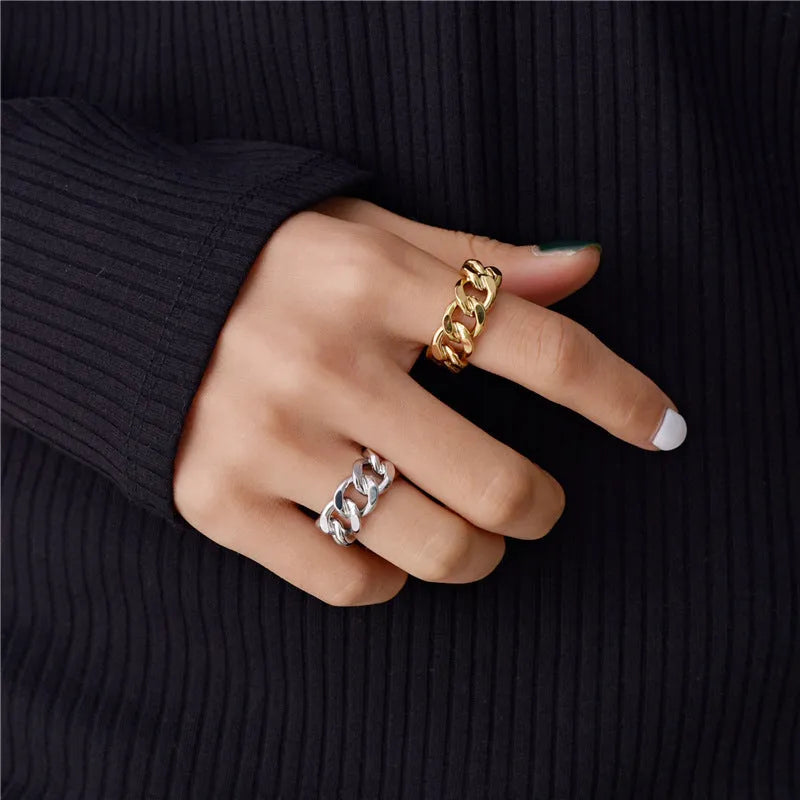 Geometric aluminium alloy fashion ring chain adjustable opening gold finish