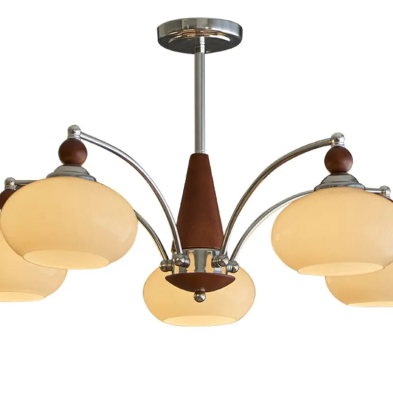 Persimmon glass chandelier with multiple chrome lampshades in a Middle Ancient style, hung from a ceiling.