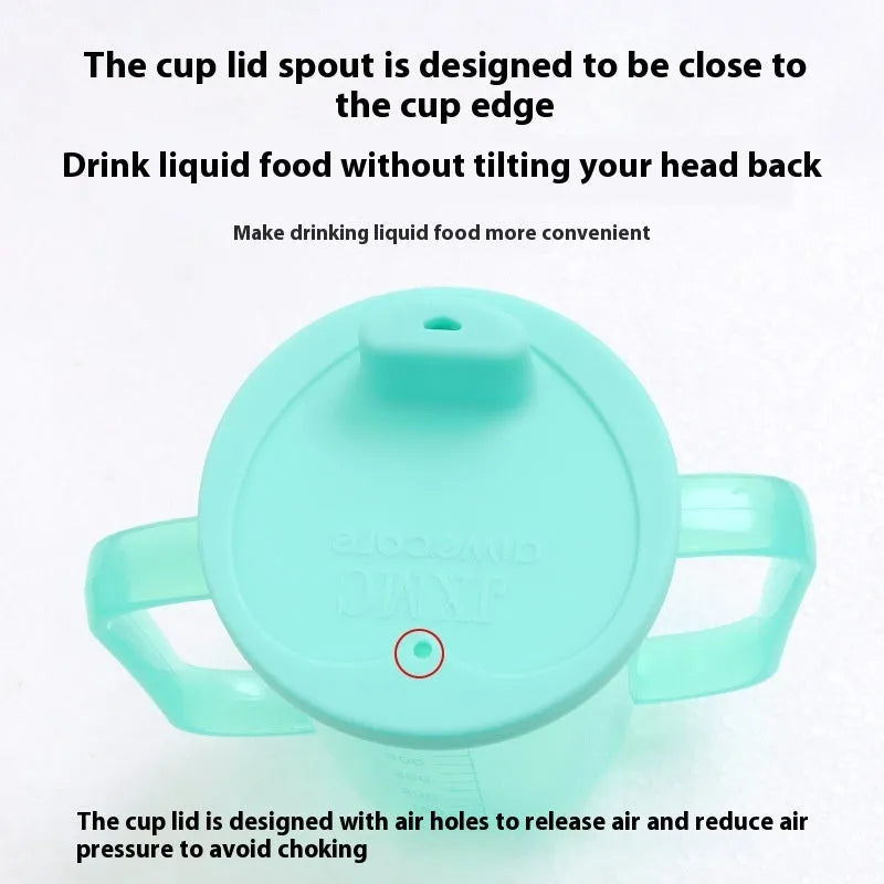 Adult bed care drinking cup with lid and handle, shown in various designs including oblique mouth choke proof cup.