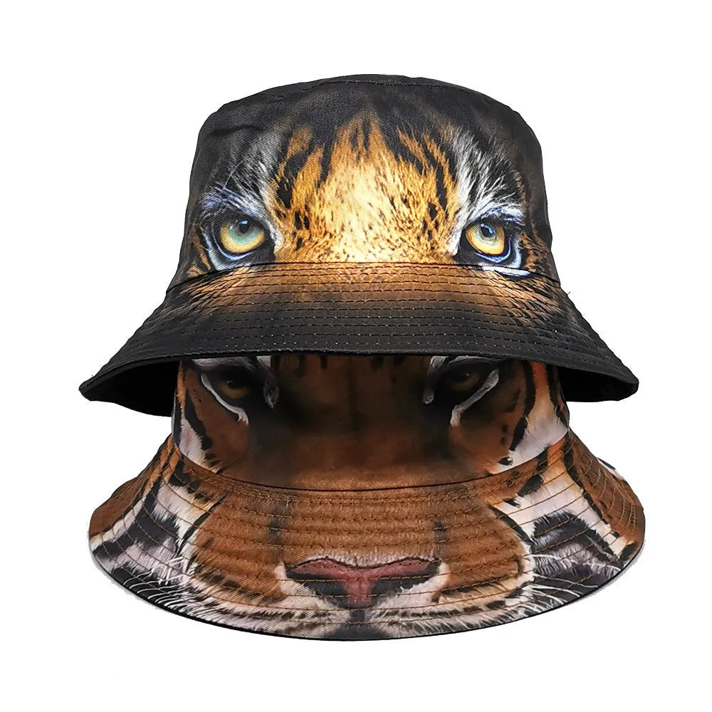 Tiger pattern bucket hat with dome crown in khaki animal print on polyester fabric