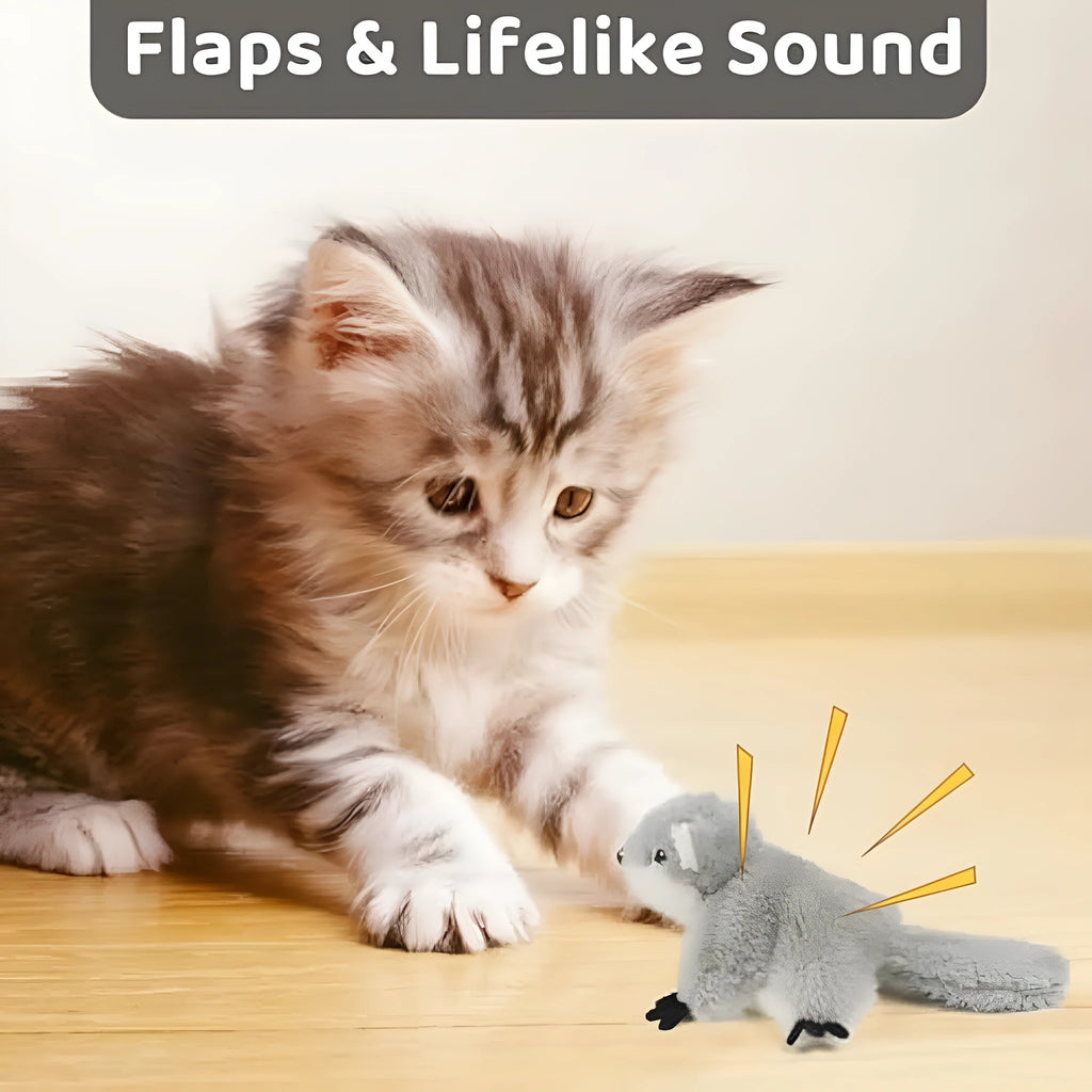 Gray flapping squirrel cat toy with USB charging cable and touch activation for interactive play