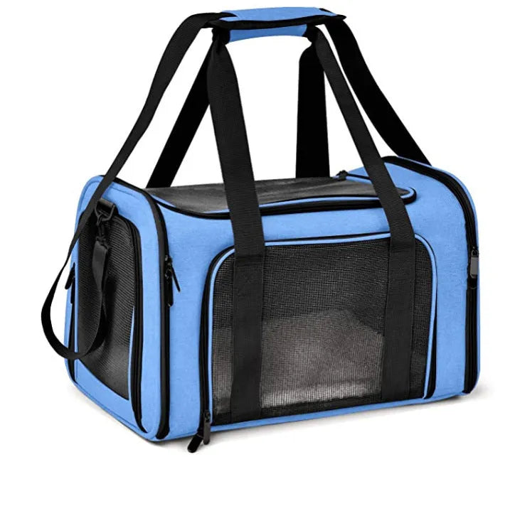 Pet travel backpack made of cationic linen fabric in blue colour, 44x28x28cm size for cats and small dogs