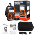 Foxwell NT510 orange and black automotive OBD2 diagnostic scanner with data cable.