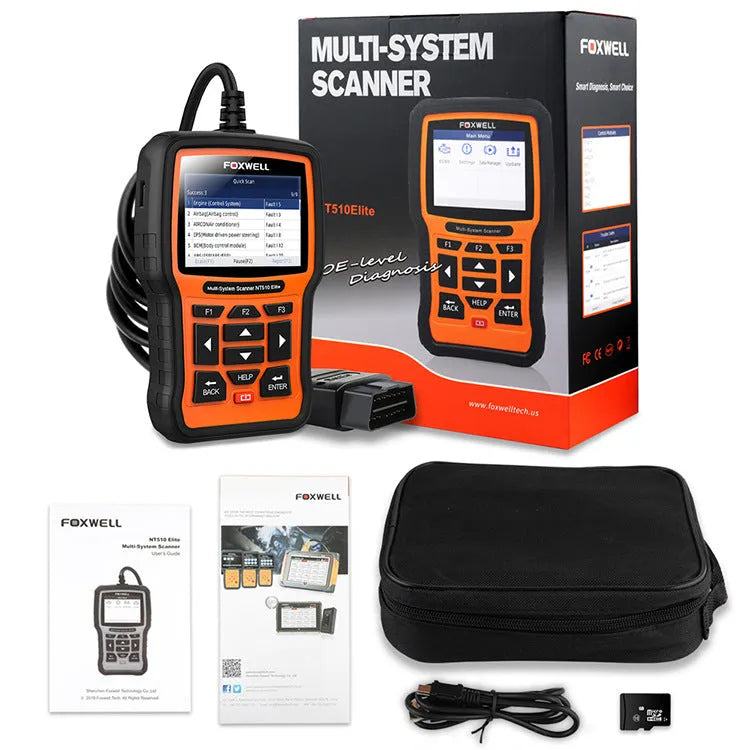 Foxwell NT510 orange and black automotive OBD2 diagnostic scanner with data cable.