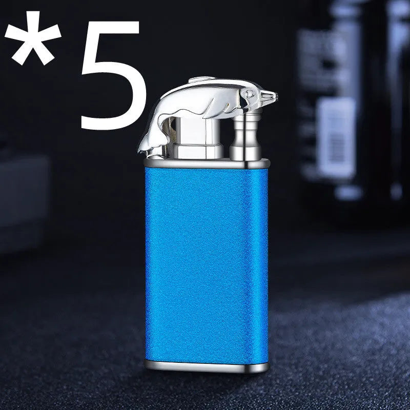 Creative blue flame lighter with windproof double fire and novelty dragon design, metal body
