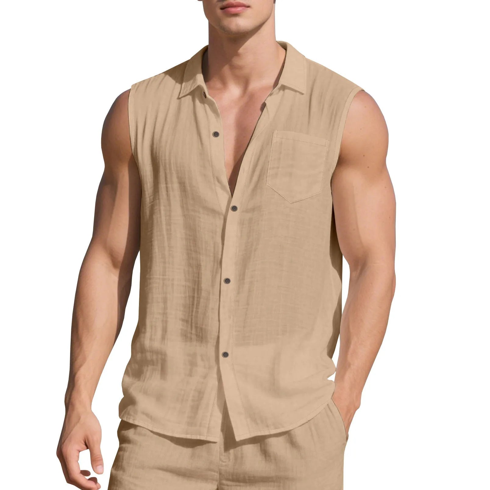 Men's solid colour linen cardigan vest with a polo collar, shown in a loose fit.