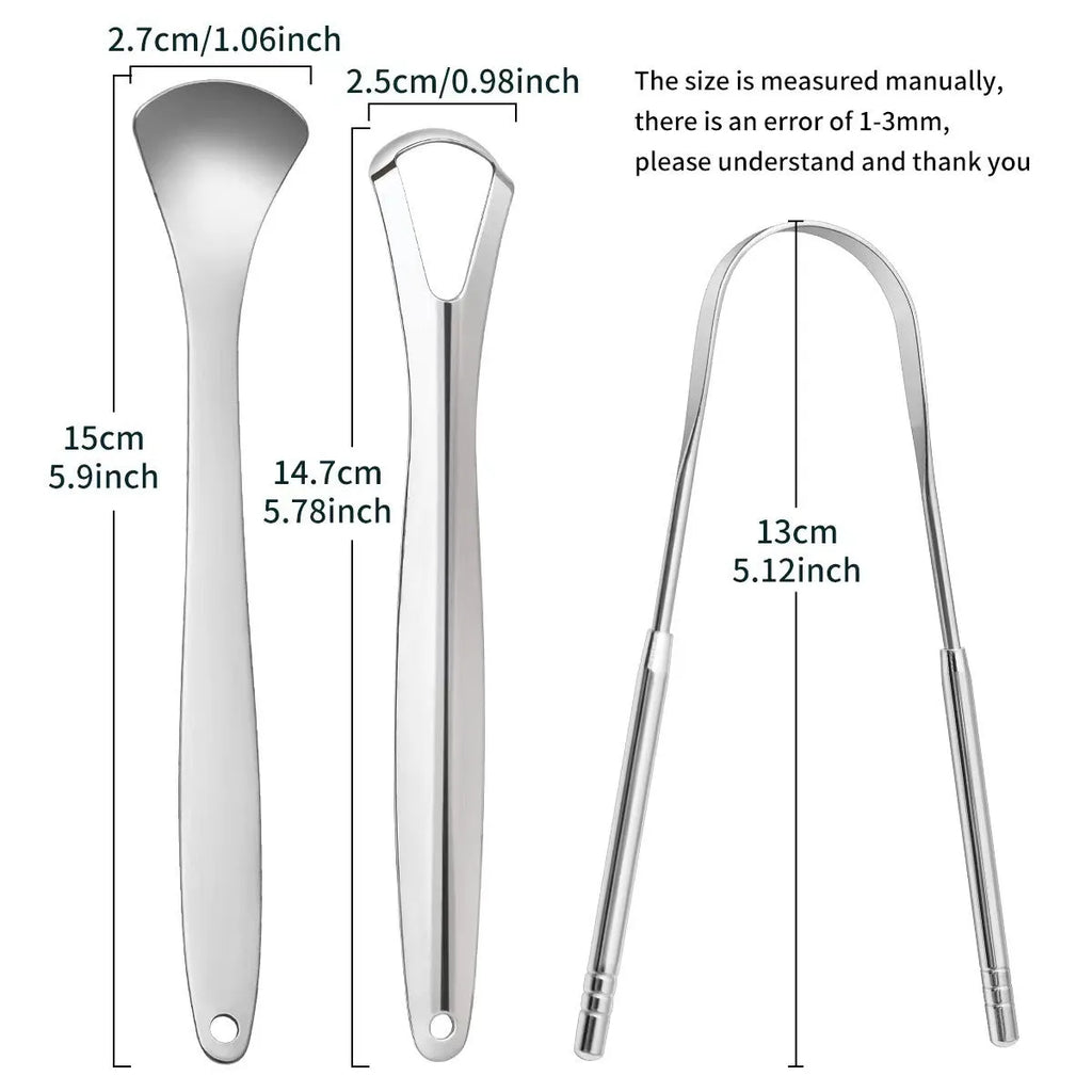 Stainless steel tongue scraper set with U-shaped and spoon type scrapers in pearlescent bags
