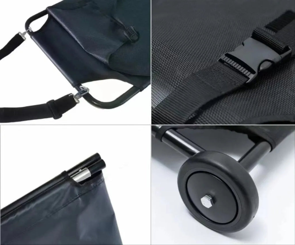 Large black aluminium alloy folding stretcher for dog emergency transport.