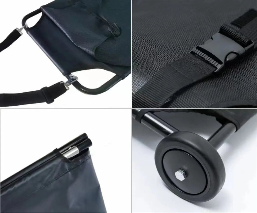 Large black aluminium alloy folding stretcher for dog emergency transport.