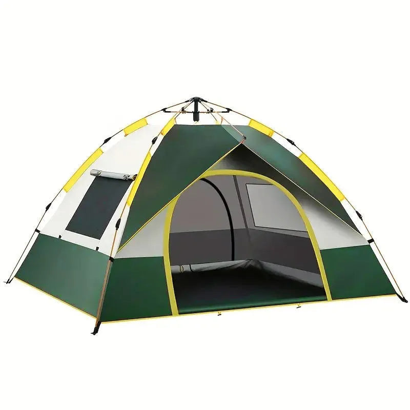 Dark green and silver automatic pop-up camping tent pitched in a field.
