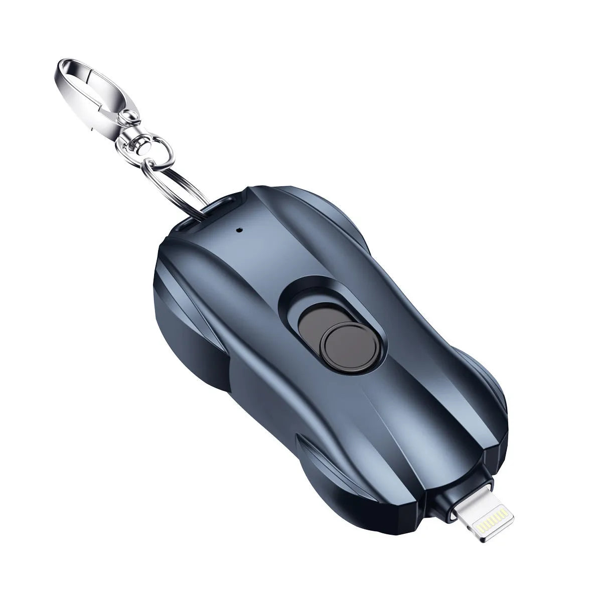 Mini keychain emergency power bank with sports car design in black and blue plastic shell