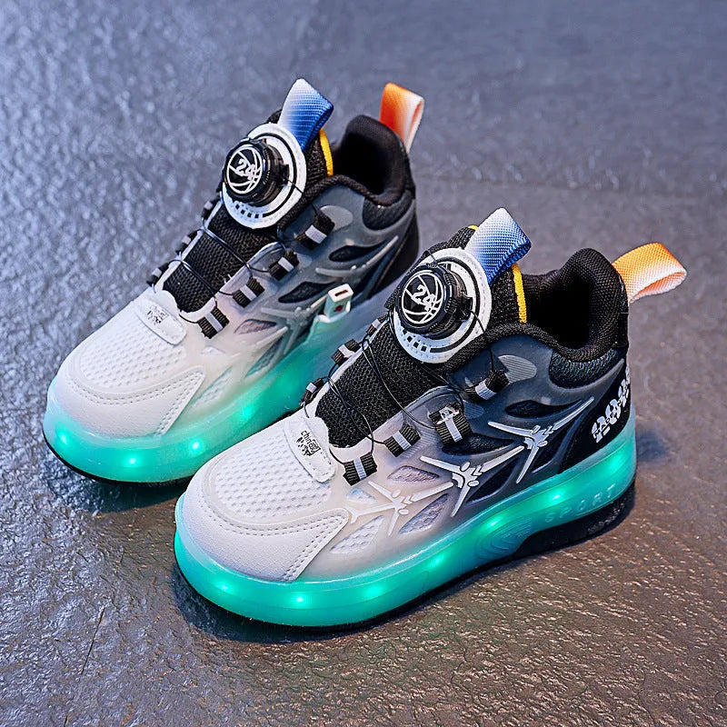 Children's black flash knob roller skating shoes with rotating adjustment mechanism and PVC sole