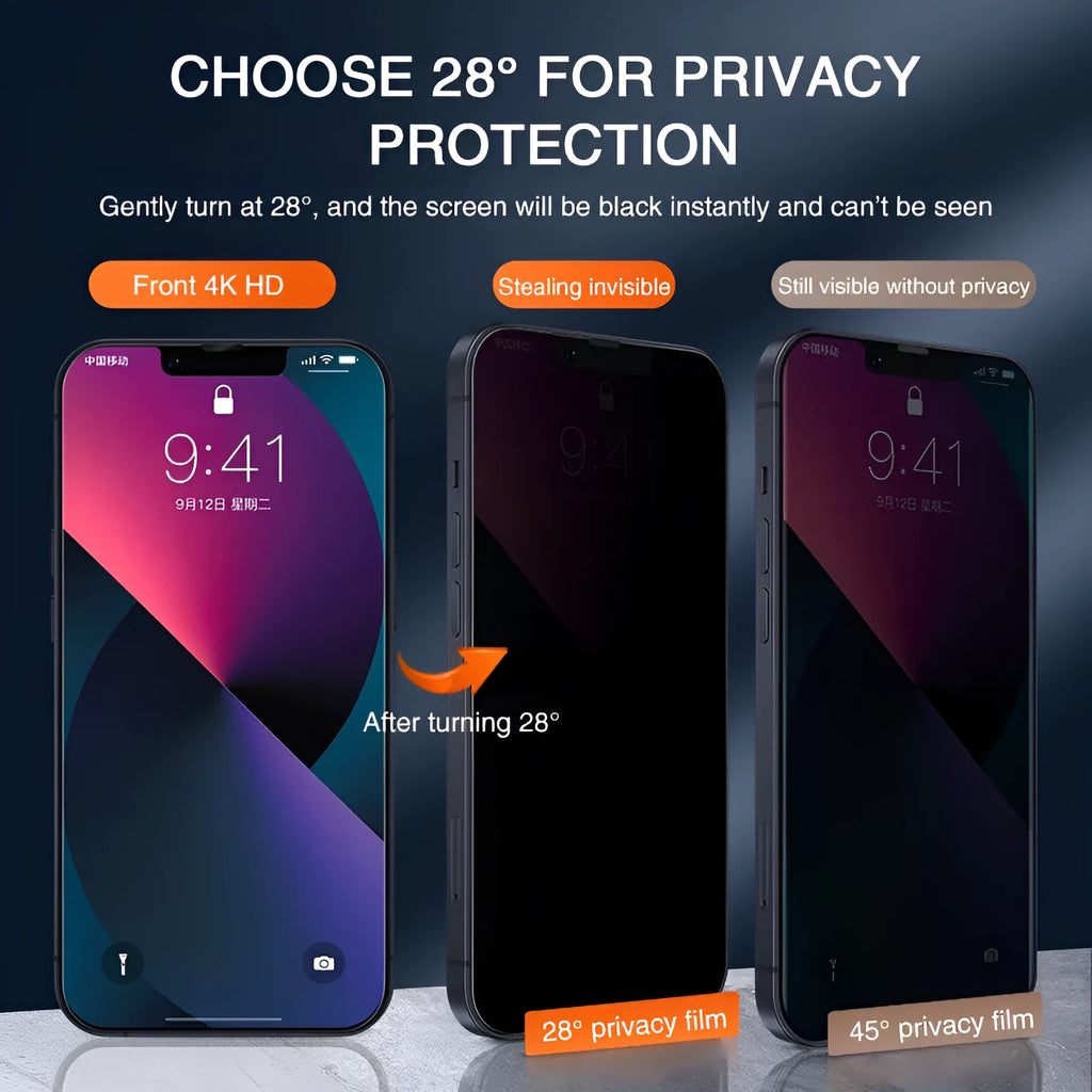 Anti-peeping tempered glass screen protector for iPhone on a table next to a mobile phone.