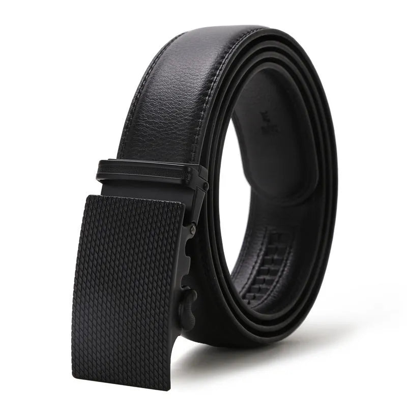 Automatic buckle belt for men in black artificial leather with silver alloy rectangular buckle