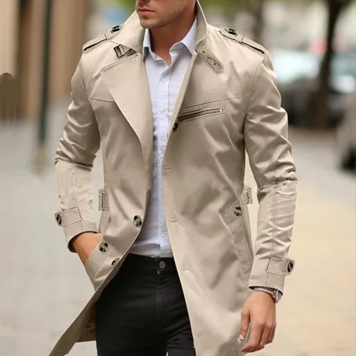 Plus size men's lapel-style casual cotton jacket in army green with side seam pockets.
