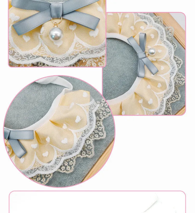 Yellow cat cotton bib with lace trim, princess style, on a white background showing front view with adjustable side lacing