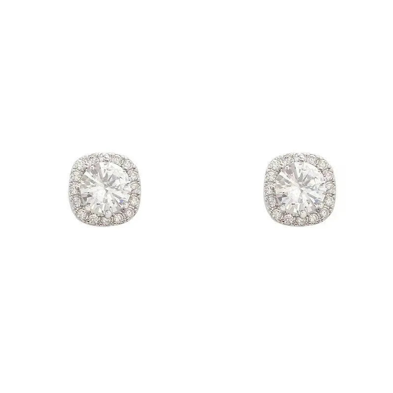 A pair of women's geometric square diamond earrings in a simple cold style, shown in silver and gold alloy colours.
