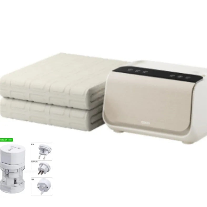 Aideng white electric water blanket with plush surface and smart host unit on a bed.