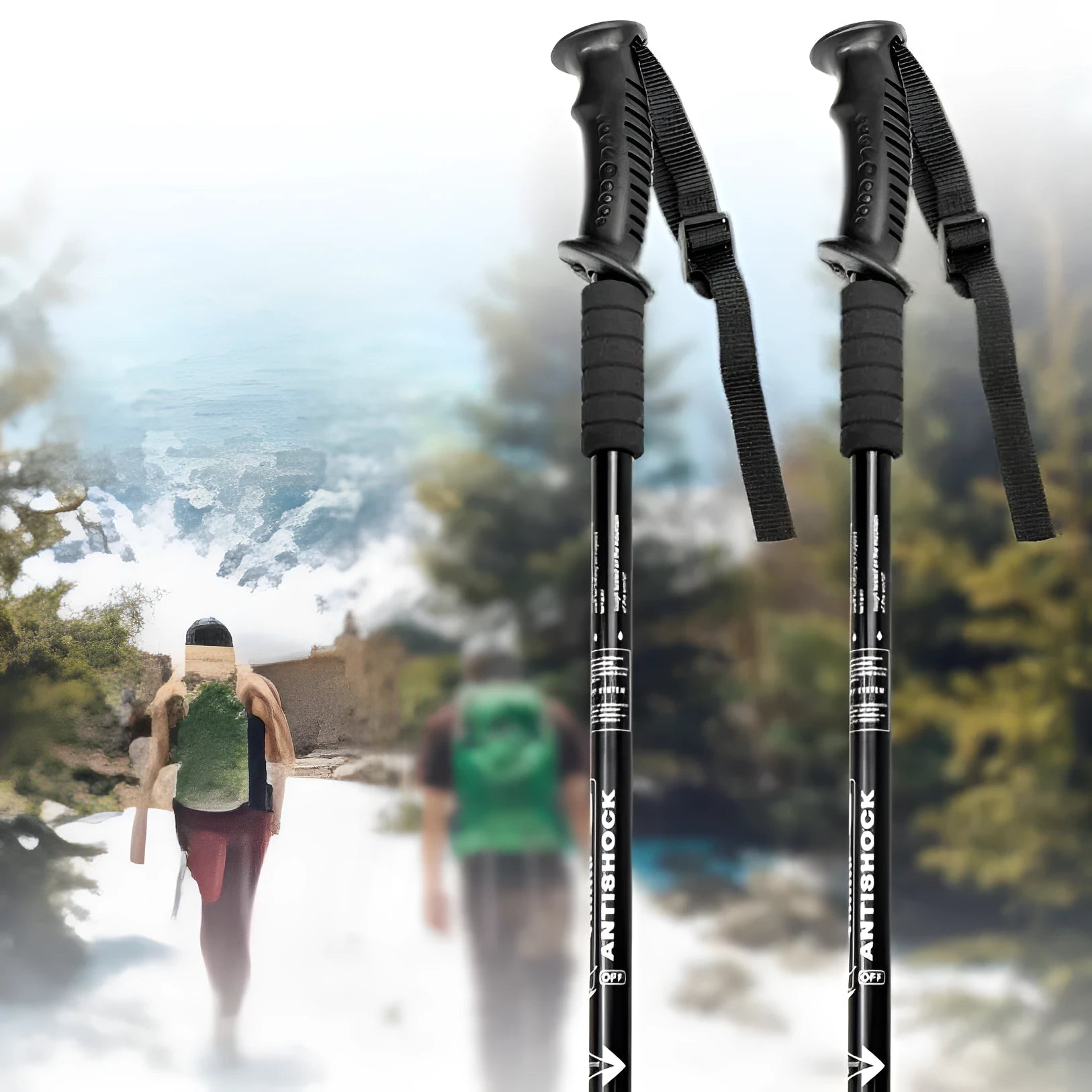 A pair of adjustable aluminium trekking poles with a three straight handle, shown with mud supports, snow holders, and foot covers.