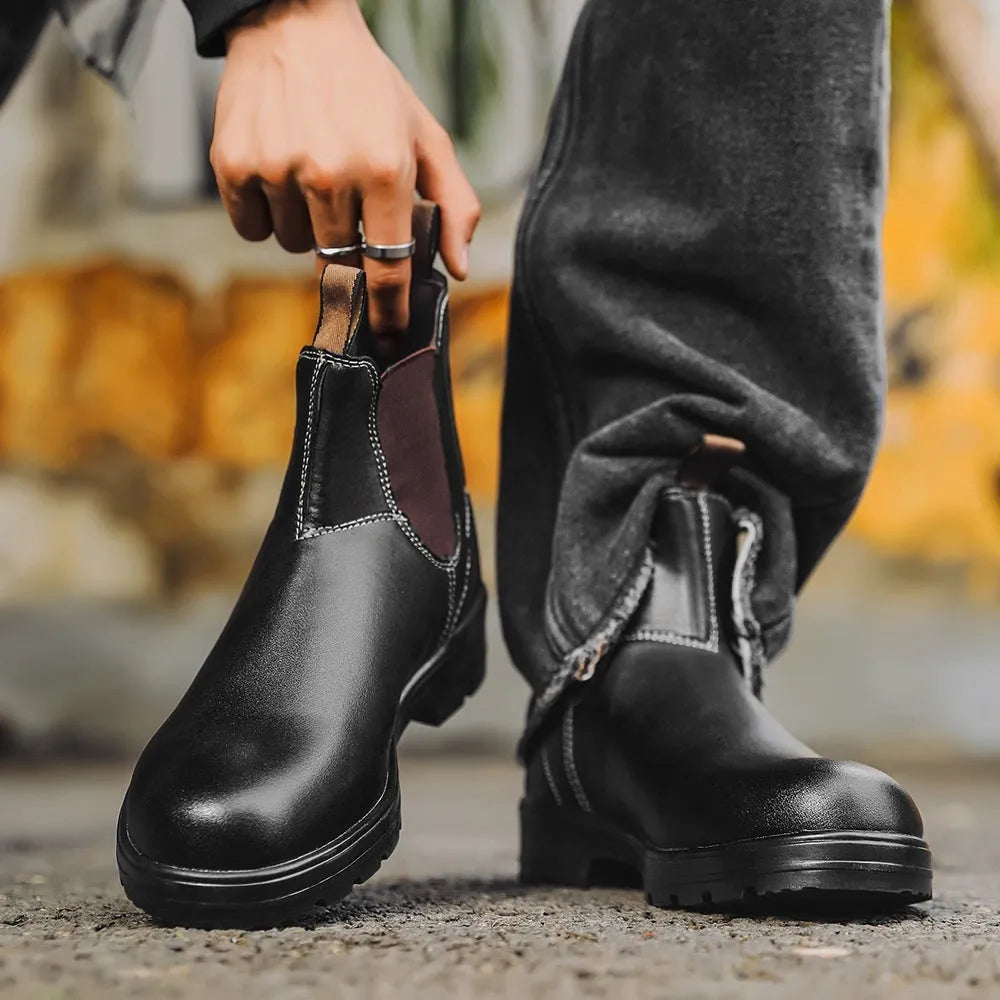 Vintage brown frosted PU leather Chelsea boots for men and women with car stitch detail and low heel.