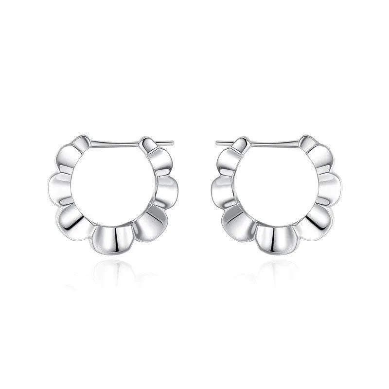 Sterling silver geometric hoop earrings with round design elements and electroplated finish