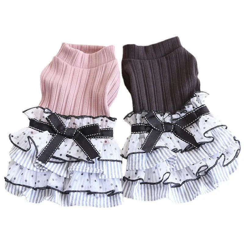 Polka dot lace cake dress pet clothes in taro purple, charcoal black or iced coffee, sizes XS to XL