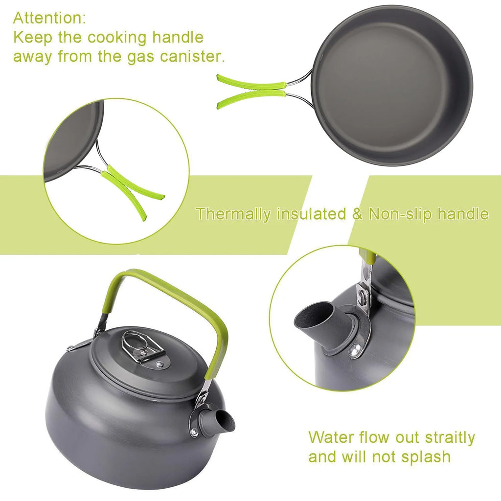Camping cooker set with hard alumina pans, 0.8L teapot, stainless steel cups, plates, and cutlery in black, green, or orange.