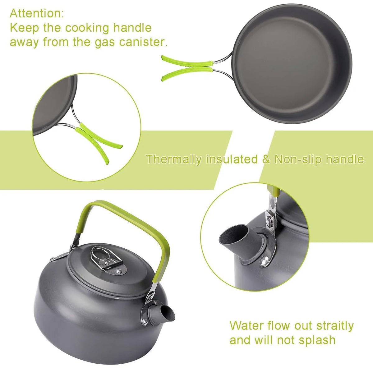 Camping cooker set with hard alumina pans, 0.8L teapot, stainless steel cups, plates, and cutlery in black, green, or orange.