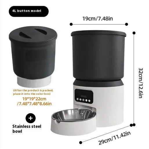 4-litre smart pet feeder with LCD display, food bowl, and optional camera on top.