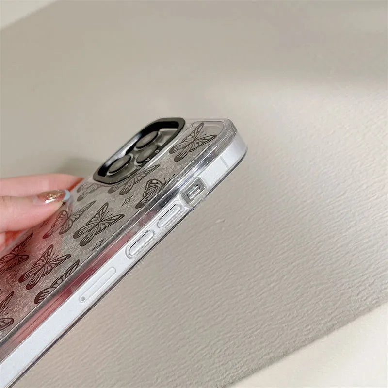 Transparent PC iPhone case with black butterfly cartoon sprayed design and fall prevention function.