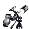 Dark blue and white children's astronomical monocular telescope on a tripod with optional phone holder accessories.
