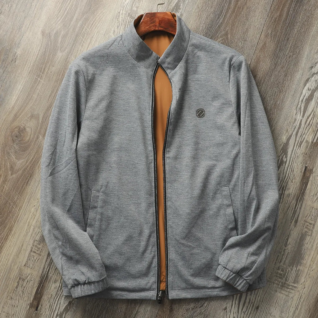 Men's stand collar casual jacket in Army Green, shown on a hanger