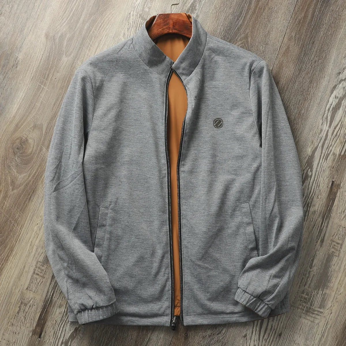 Men's stand collar casual jacket in Army Green, shown on a hanger