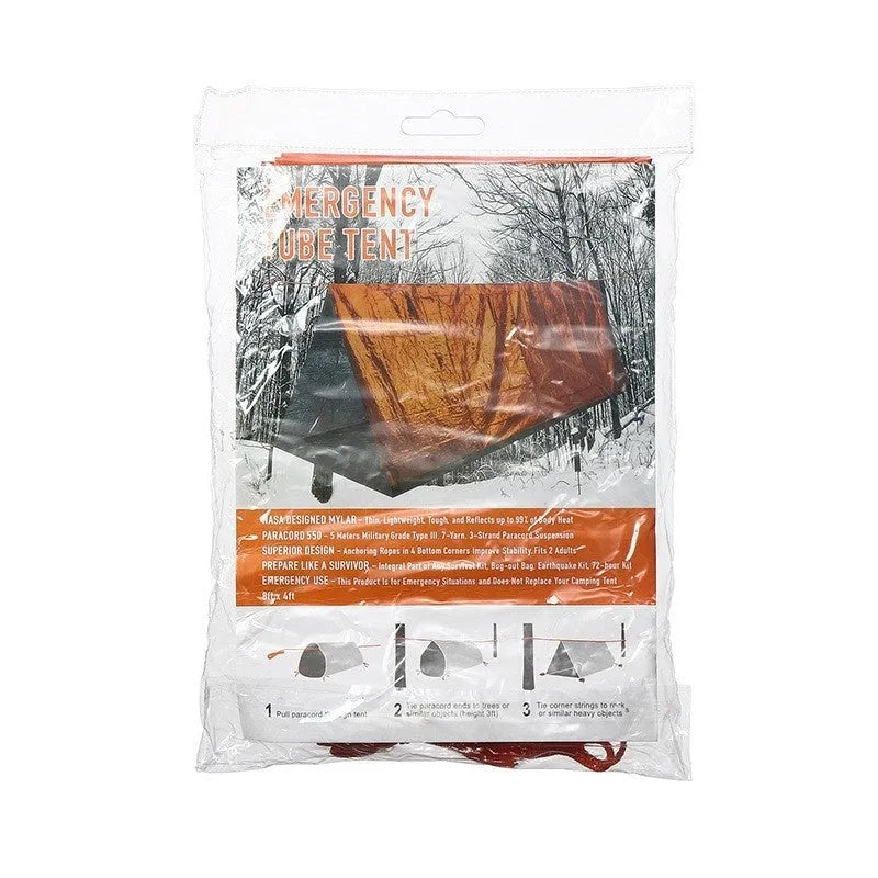 Emergency tent kit with sleeping bag and raincoat components for outdoor survival