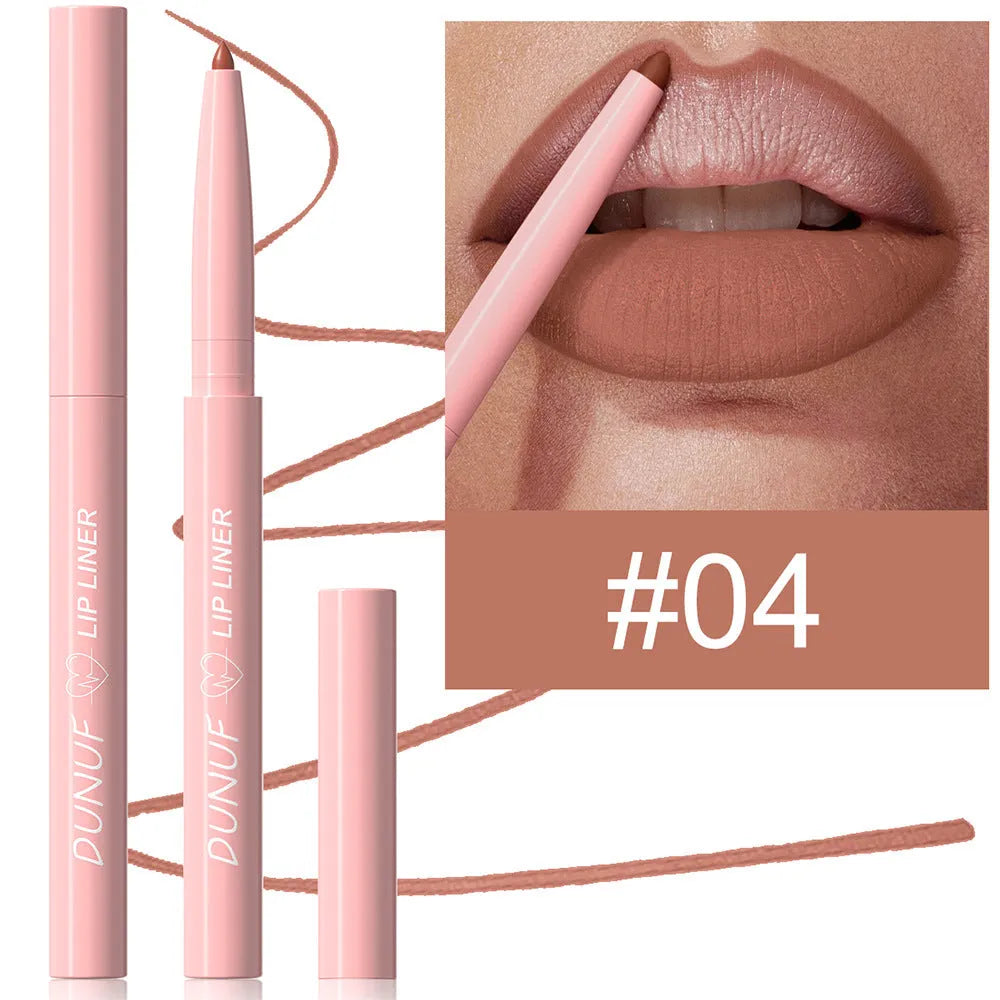 Velvet matte lip liner pencil in a display of 12 different colour shades.