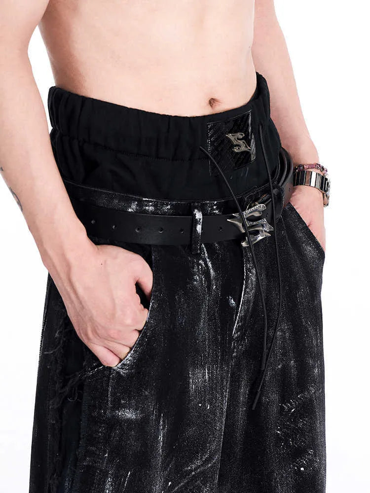 Black two-layer cowhide men's leather belt with a metal letter buckle, shown at 110cm length.