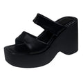 Women's black wedge platform slippers with square toe on a white background.