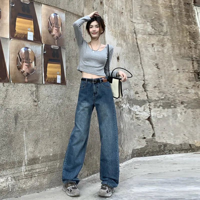 Women's retro blue high-waisted straight leg jeans shown in cropped, standard, and lengthened styles.