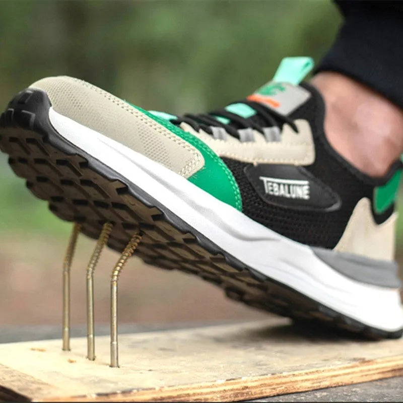 Black and green men's low-top steel toe safety shoes with a mesh upper and plastic toe cap.