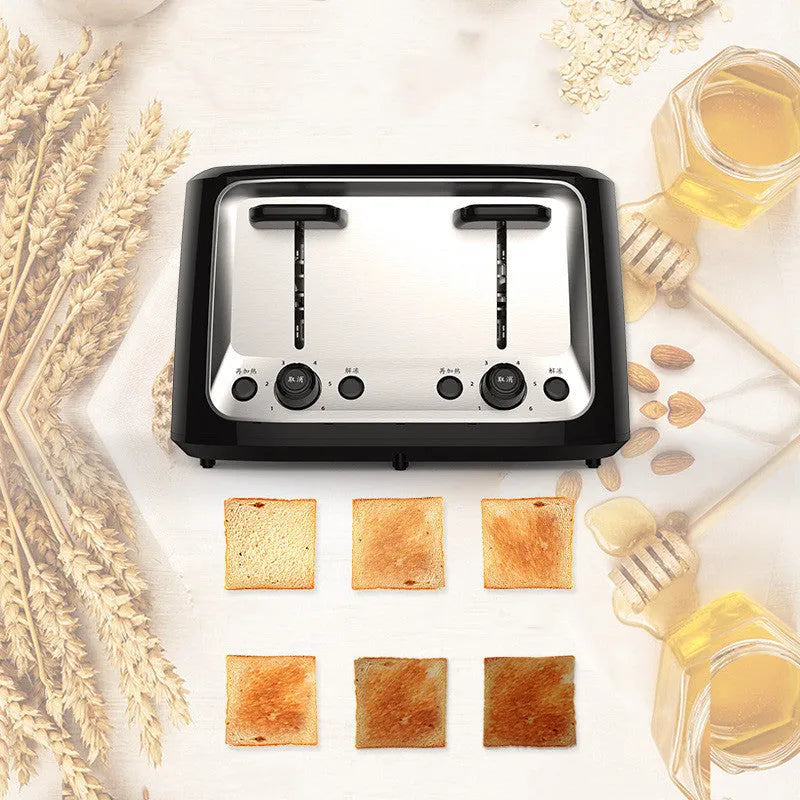 Four slot automatic toaster with 1500W power, 1-6 browning control, and optional AU CN EU UK US plug.