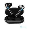 Black Bluetooth headset with LED display showing battery level, earplug style, binaural stereo