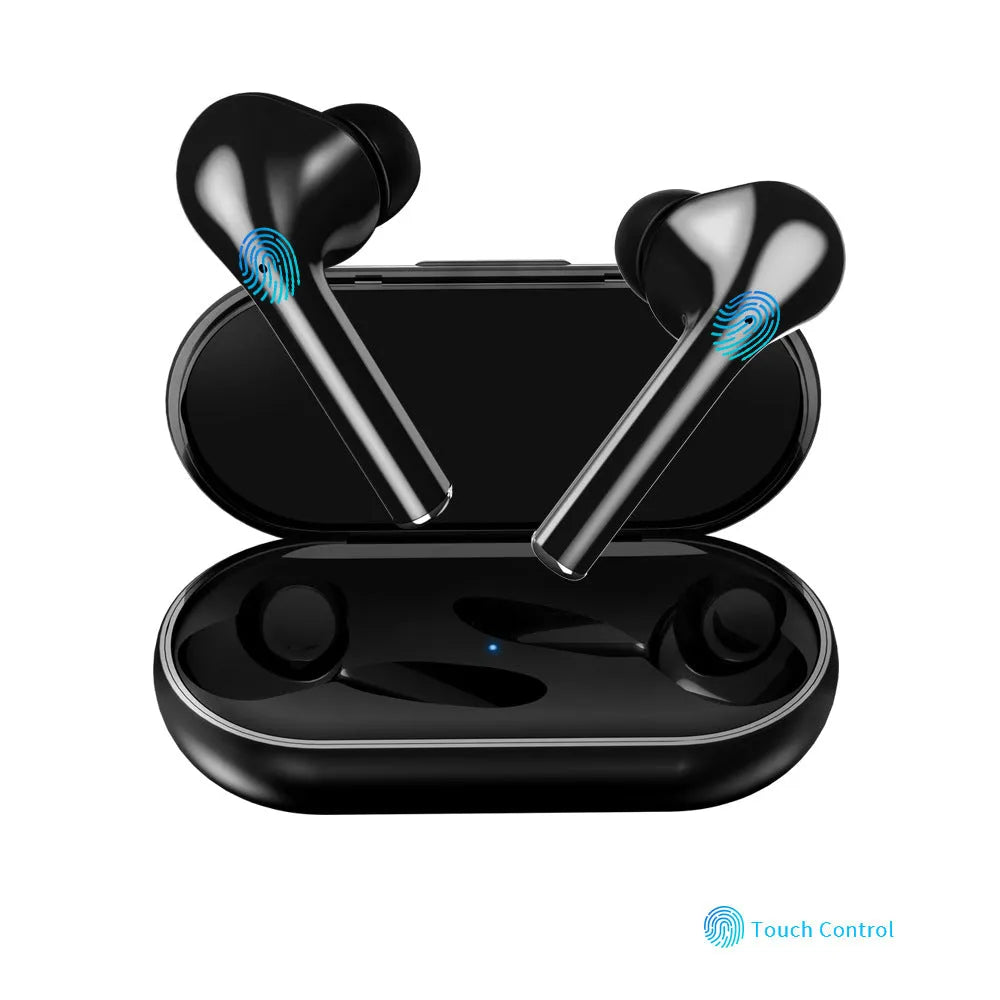 Black Bluetooth headset with LED display showing battery level, earplug style, binaural stereo